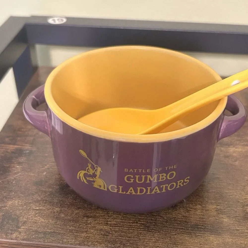Battle of the Gumbo Gladiators Ceramic Gumbo Bowls w/Spoons Set of 2 SHREVEPORT